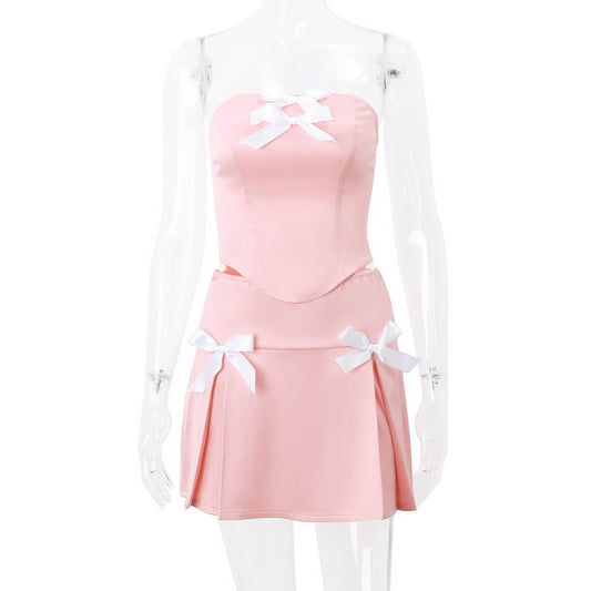 Bow Design Tube Top Vest Skirt Suit