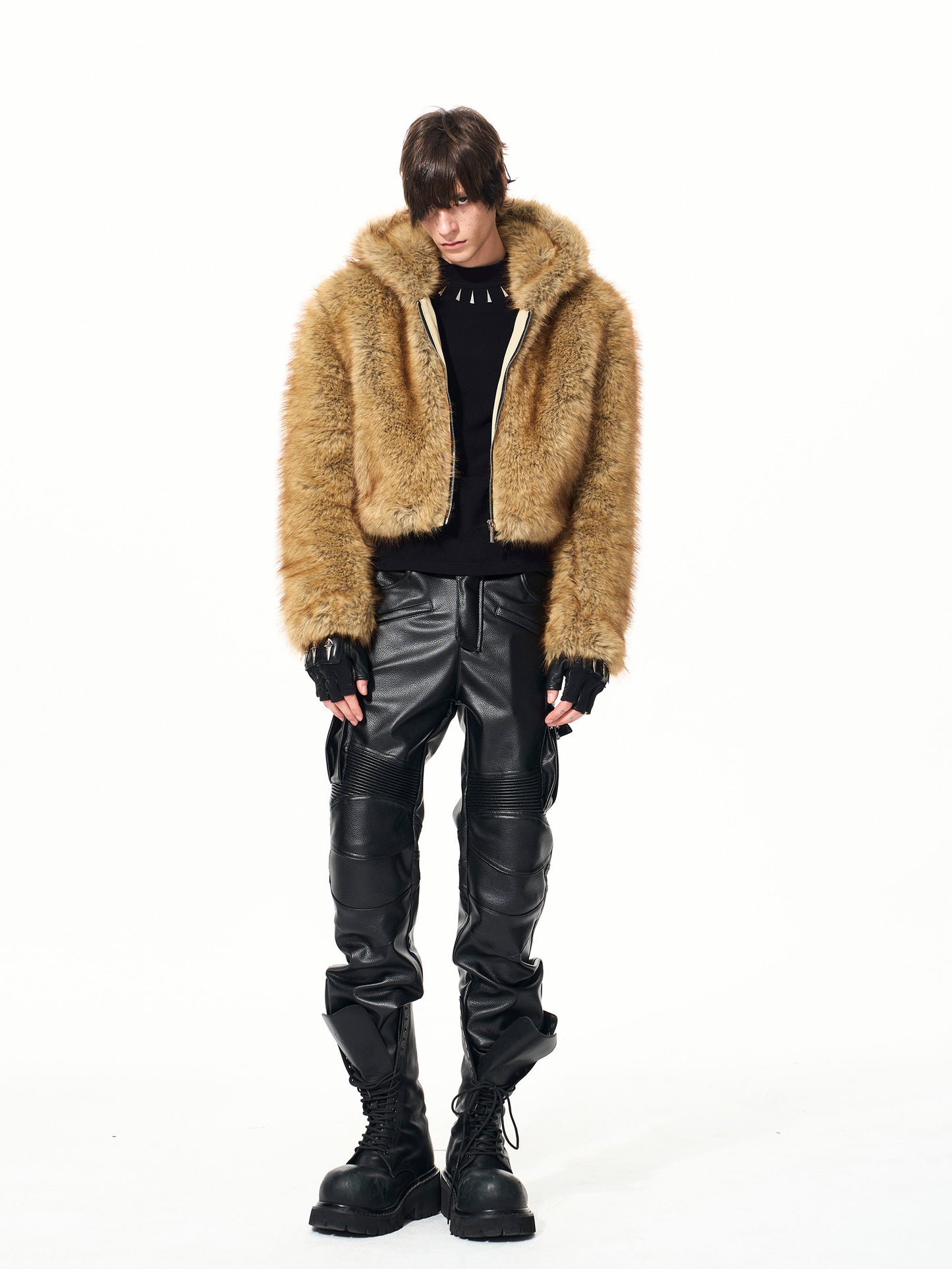 Mens Quilted Thickened Warm Faux Mink Fur Hooded Coat