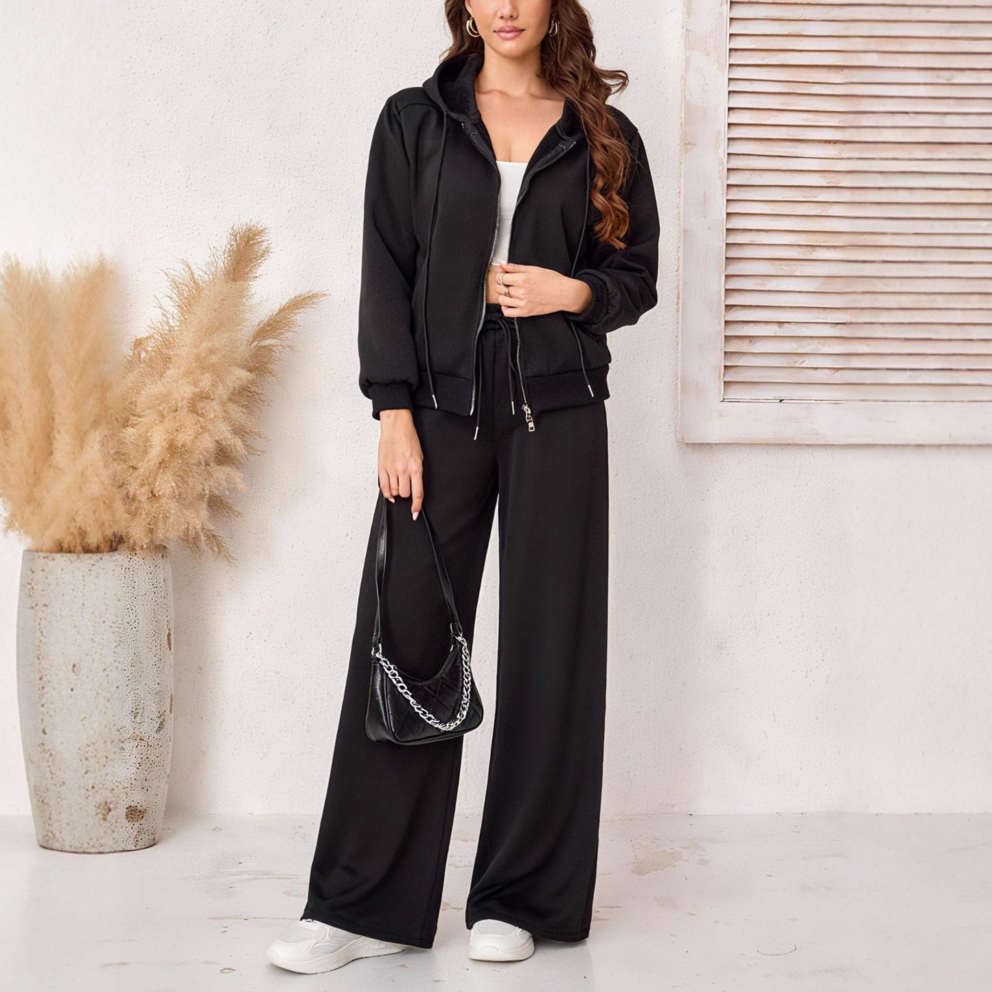 Slim-fit Fleece-lined Hooded Double Zipper Sweater Coat And Trousers Two-piece Set