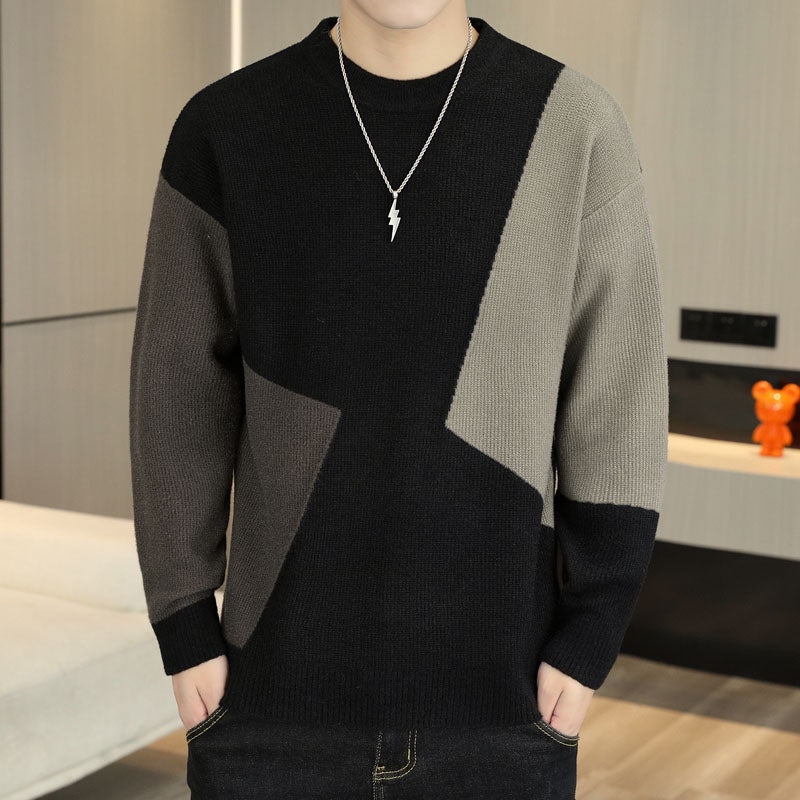 Contrasting Color Crewneck Sweater Men's Loose Youth Casual Knitted Pullover