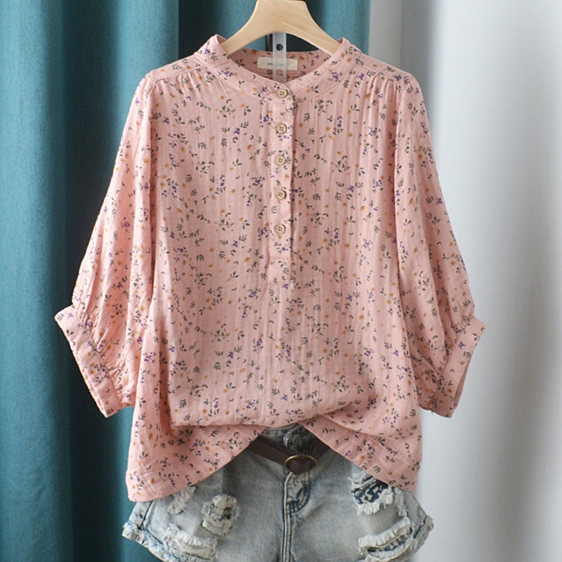 Double-layer Cotton Yarn Shirt Floral Stand Collar Loose