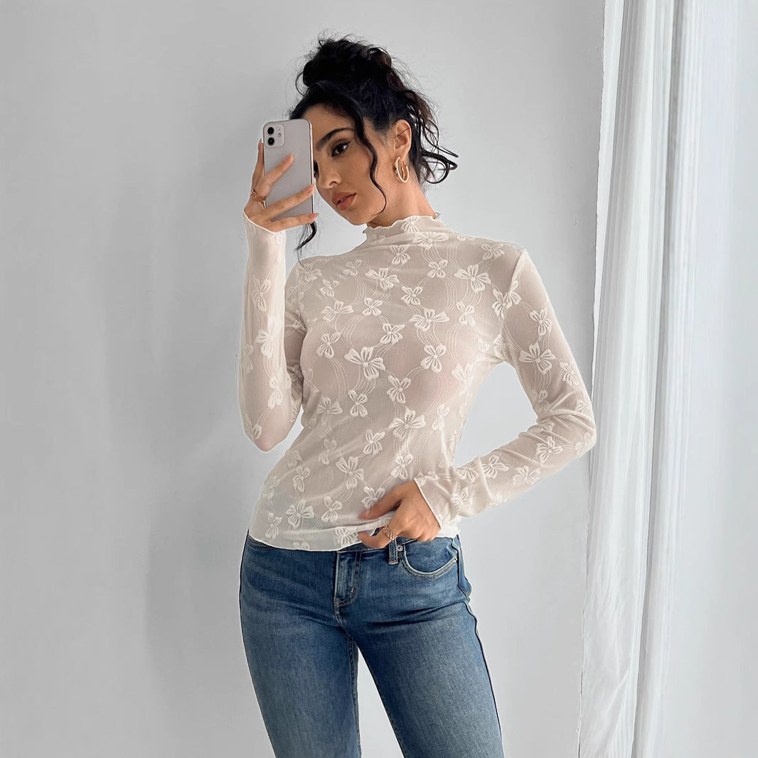 Sommerfugl Jacquard Mesh Slim Fit Ståkrave Langærmet