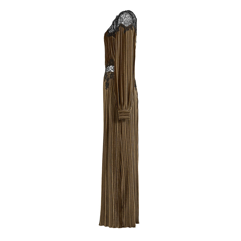 Round-neck Lace-panelled Waist-cinching Green Elegant Maxi Dress