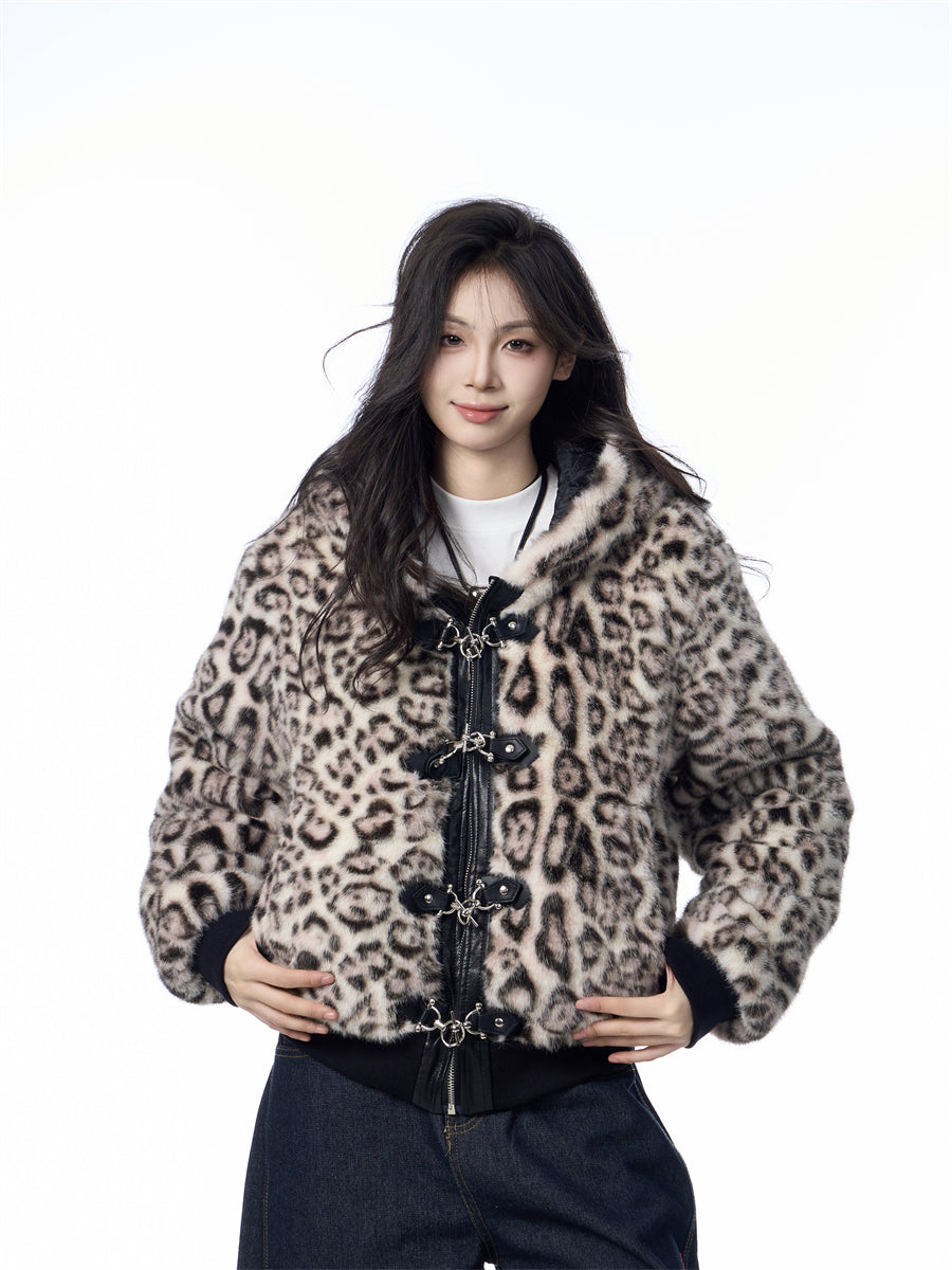 Hættetrøje Dame Løs Tyk Leopardprint Fuldprint Design Gadejakke