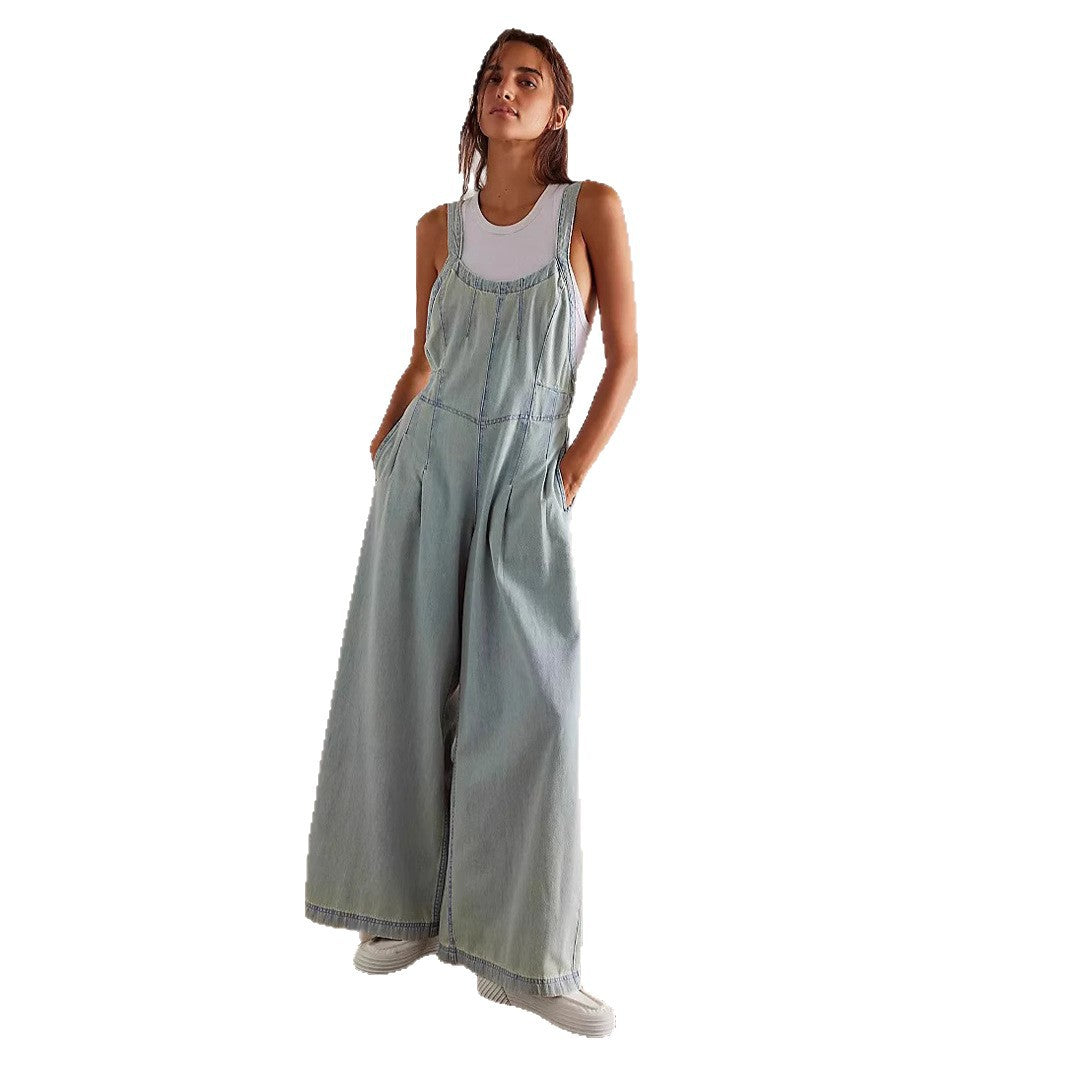 Denim Pocket Loose Wide Leg Overalls