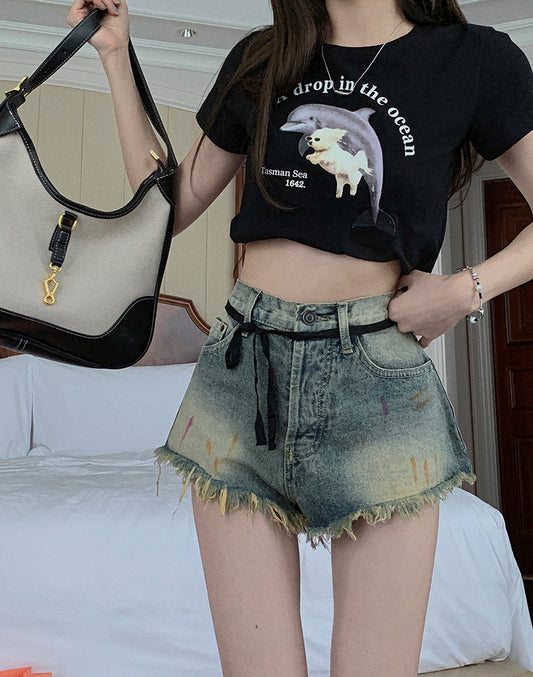 Women's Summer High Waist Vintage Raw Edge Denim Shorts