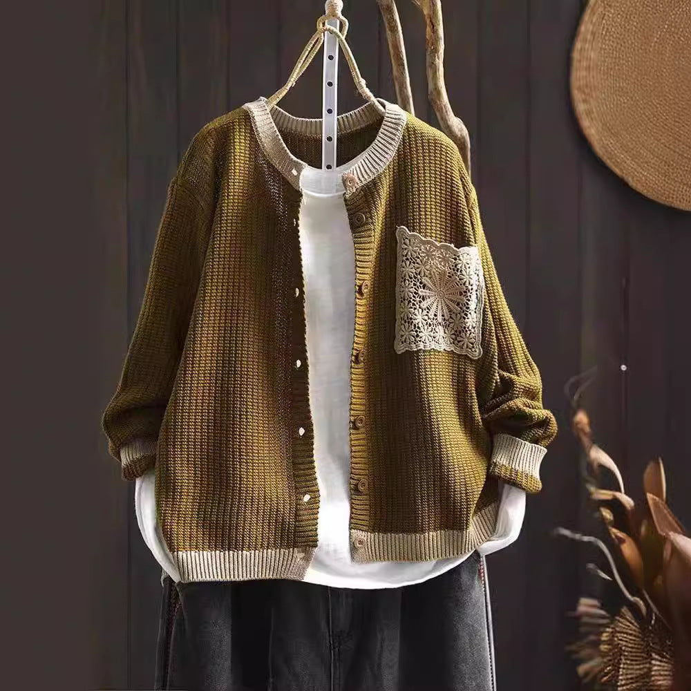 Retro Knitted Cardigan Women Round Neck Loose
