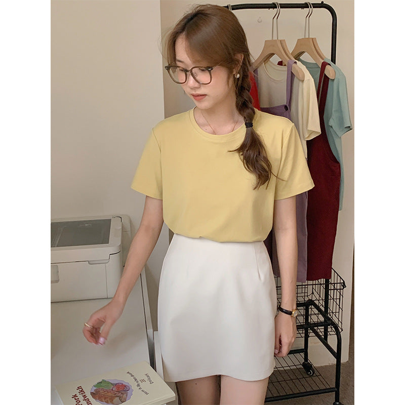 Women's Solid Color Round Neck Loose And Slim Short Sleeve T-shirt
