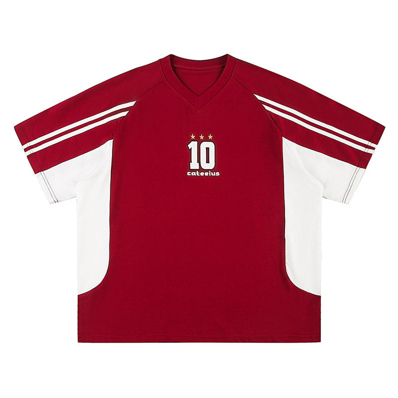 American Retro Mixed Color Stripe Sports Embroidery Short Sleeve