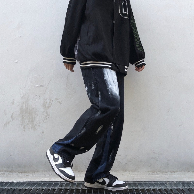 Harajuku-stil tie-dye-gradient spættede lige højtaljede jeans