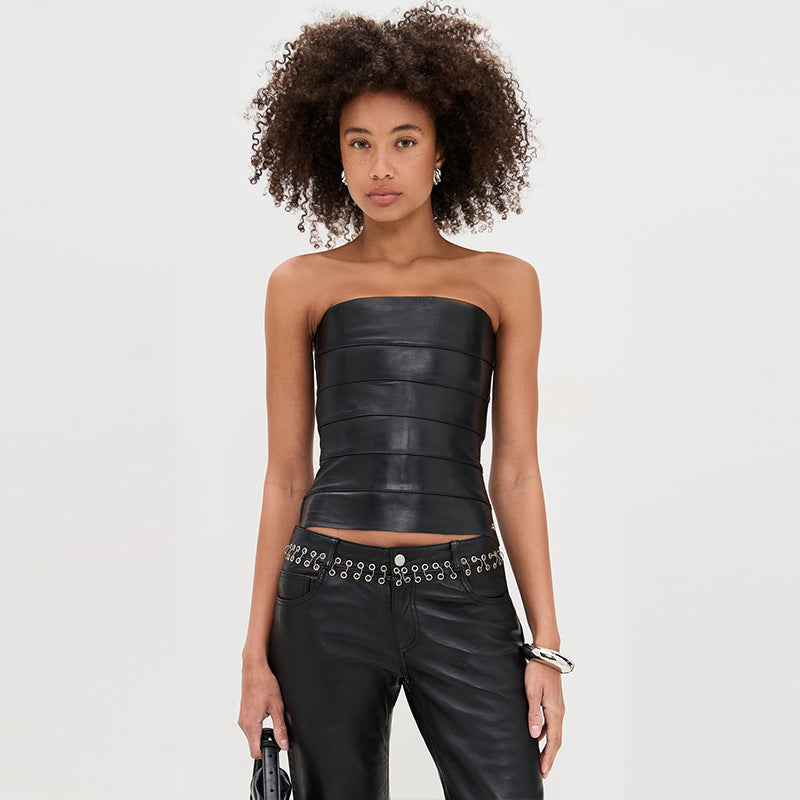 PU Leather Tube Top With Open Back And Zipper
