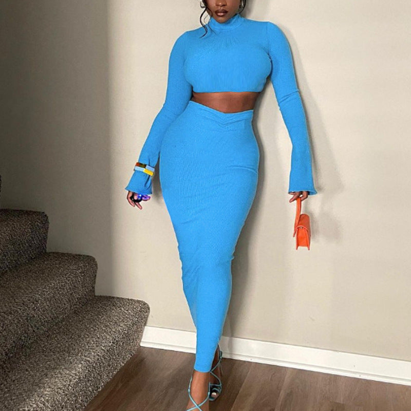Women's Two-piece Set With Wrinkled Top And Long Skirt