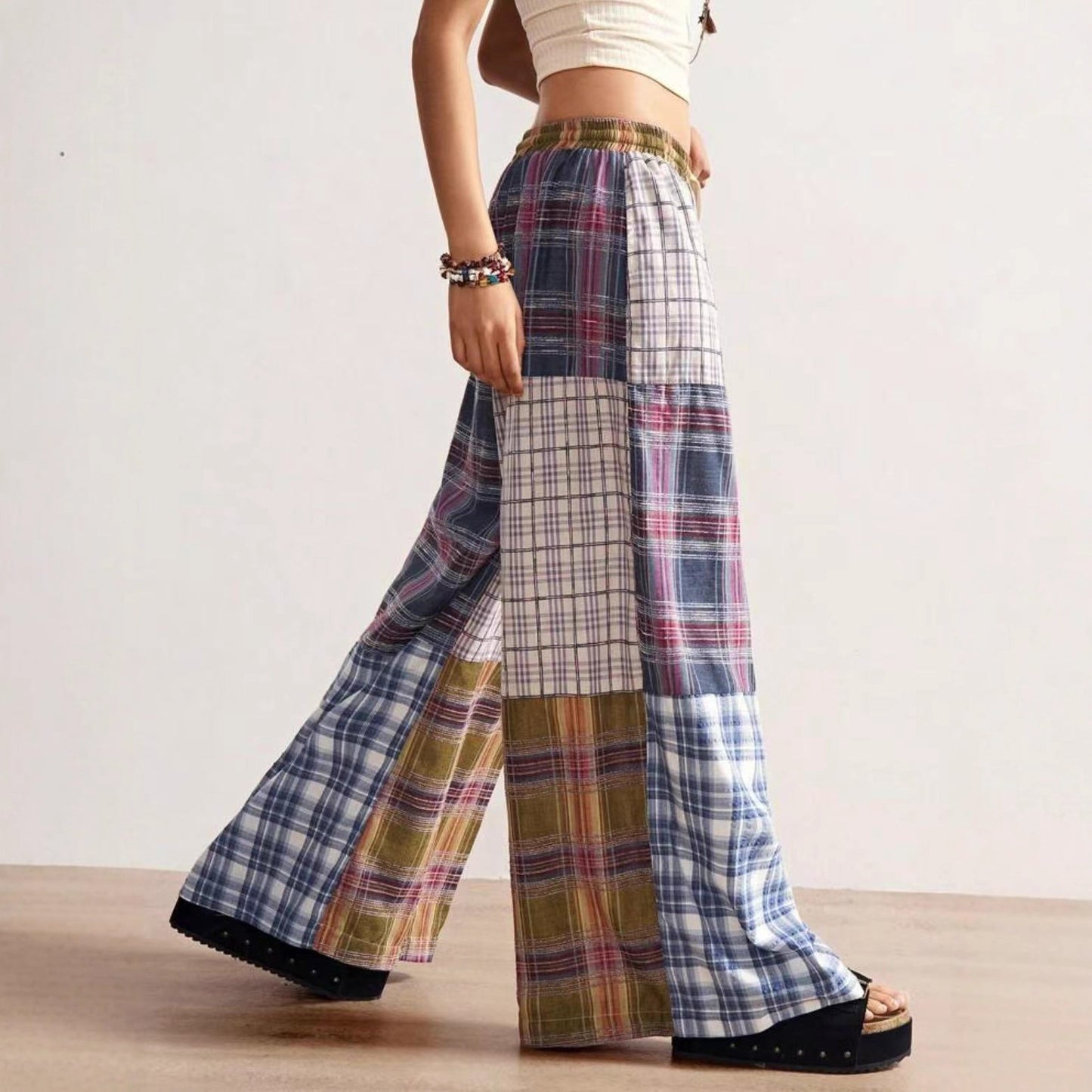 Retro High-waist Drawstring Printed Wide-leg Pants For Women