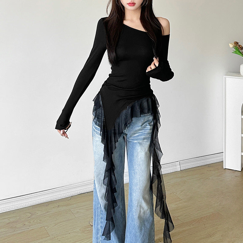 Women's Solid Color Slim-fit Street Fashion Diagonal Collar Long-sleeved Top
