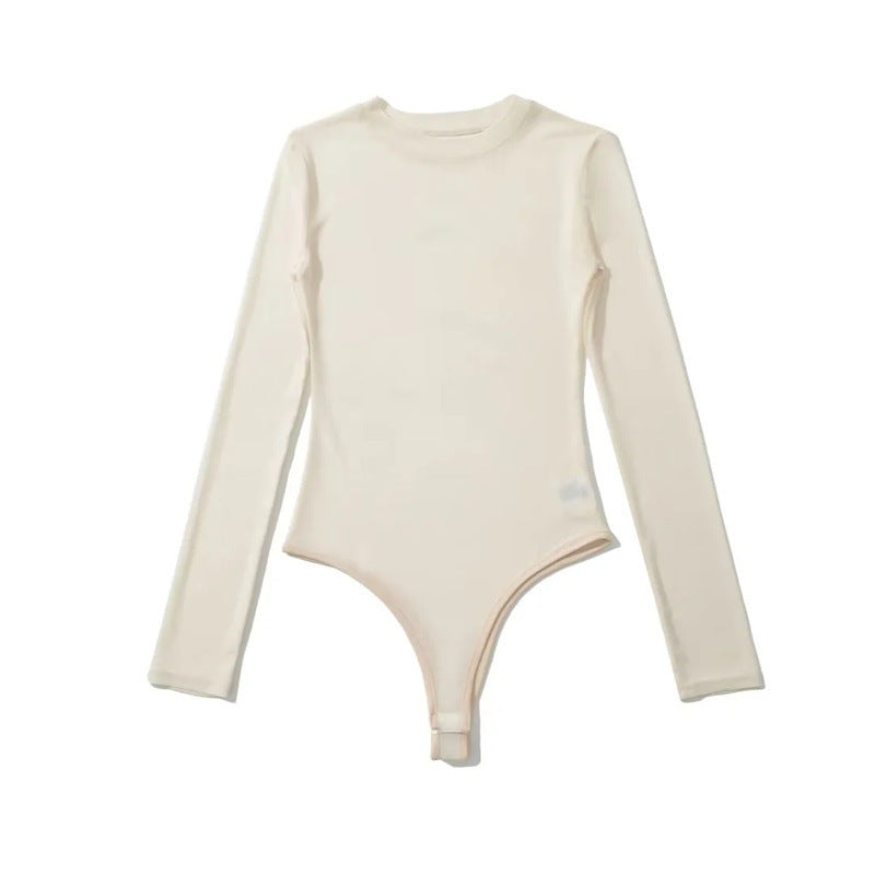 Niche Hot Girl Round Neck Long Sleeve Mesh Transparent Jumpsuit
