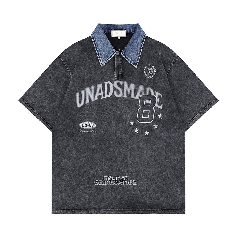 Washed Letter Print Contrast Color Denim Lapel Short Sleeve T-shirt