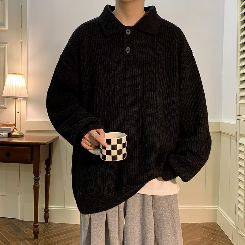 Polo Krave Sweater Herre Amerikansk Retro Kaffe Farve High Sense Oversize Indre Sweater