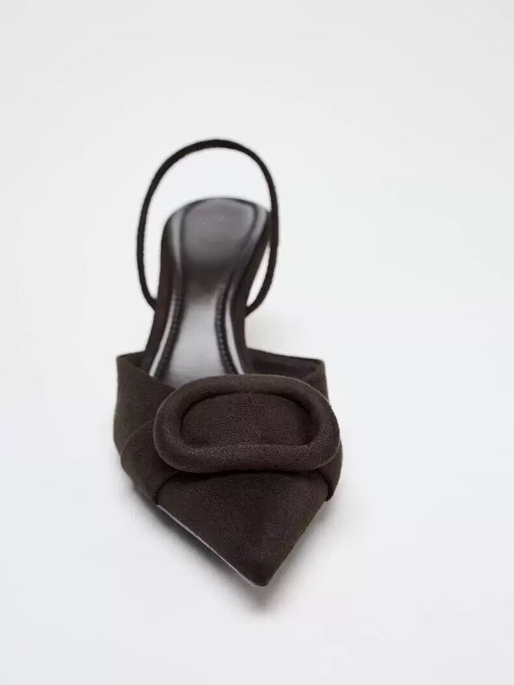 Spring New Arrival Women's Square Buckle Pointed Toe High Heels, Closed Toe Backless Mules Sandals In Brown
