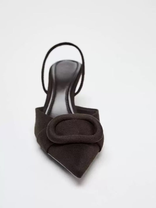 Spring New Arrival Women's Square Buckle Pointed Toe High Heels, Closed Toe Backless Mules Sandals In Brown