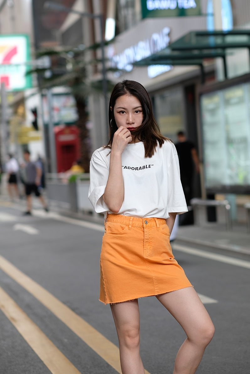 Women's Bag Buttock Candy Orange Fur Edge Thin Retro High Waist Denim Skirt