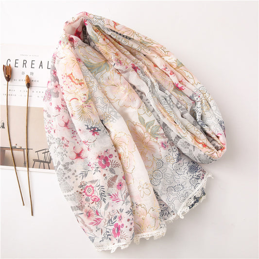 Women's Thin Cotton Feel Floral Lace Scarf