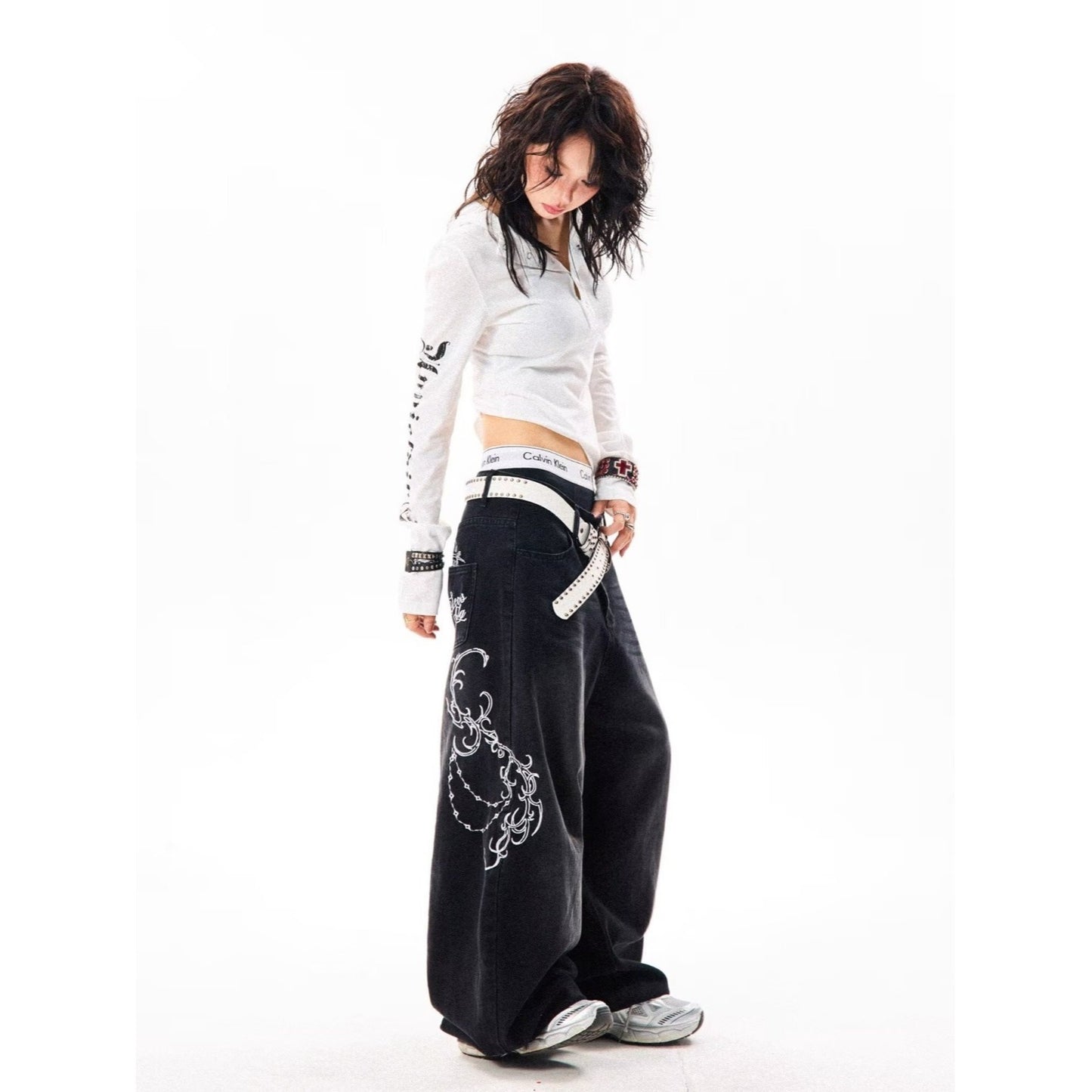 Womens Embroidered Patchwork Casual Straight-Leg Pants