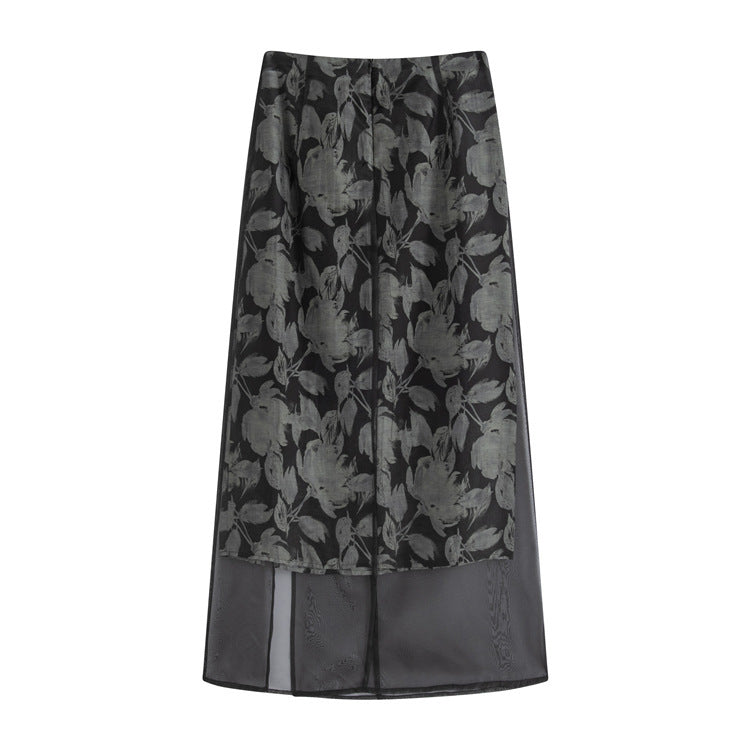 Spring And Summer New Retro High Waist Mesh Floral Print Split Skirt For Women