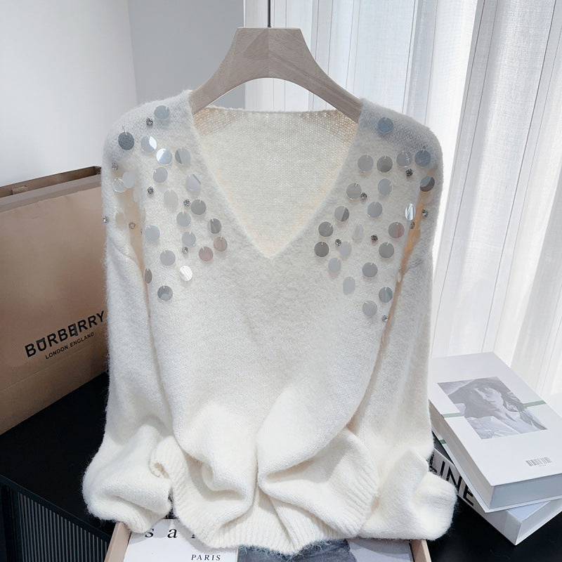 Chunky broderi pailletter diamant V-hals pullover hyggelig sweater