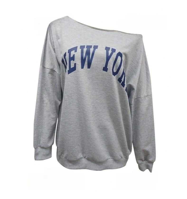 Women's Simple Letter Print Off-shoulder Long Sleeve Sweater