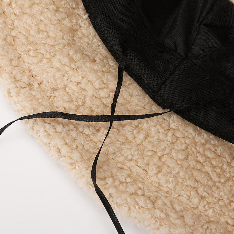 Internet Celebrity Same Style Lamb Wool Bucket Hat Female Korean Style Letter Embroidery Simple All-match