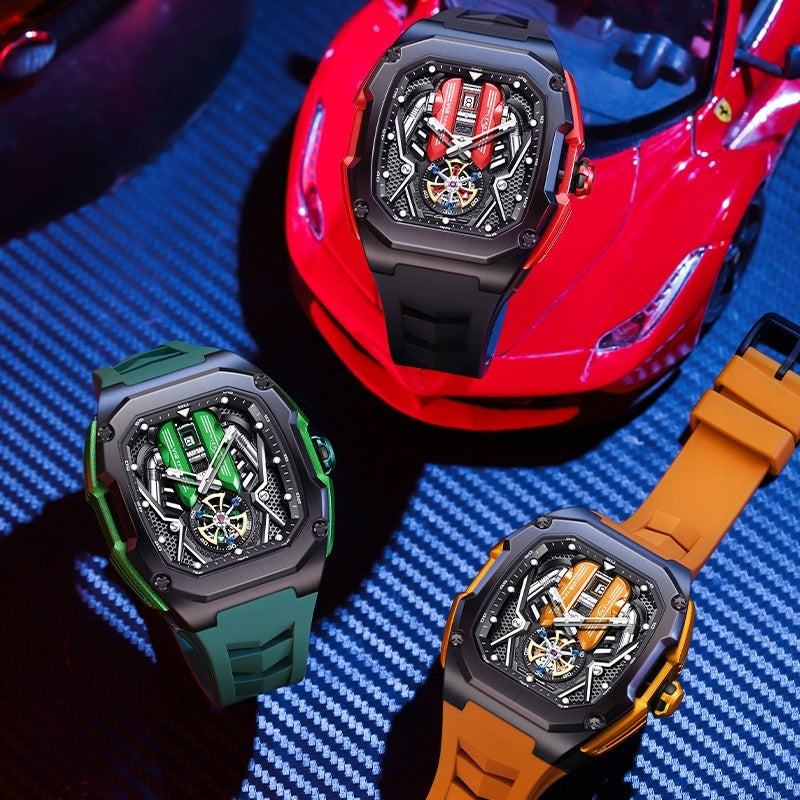 Men's High-grade Tonneau Three-Dimensional Hollow Waterproof Luminous Quartz Watch
