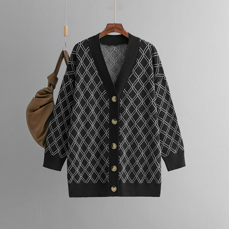 V-hals cardigan sweater Afslappet løs diamantternet sweaterjakke