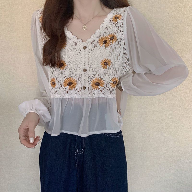 Early Autumn National Style Top Hollow Design Sunflower Embroidery Slightly Breathable Western Style Small Shirt Outer Wear