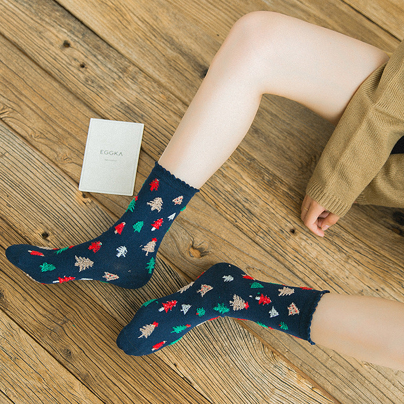Christmas Socks New Autumn And Winter Mid-calf Christmas Cartoon Elements Women's Socks Pack Of Three Pairs Casual Cotton Socks