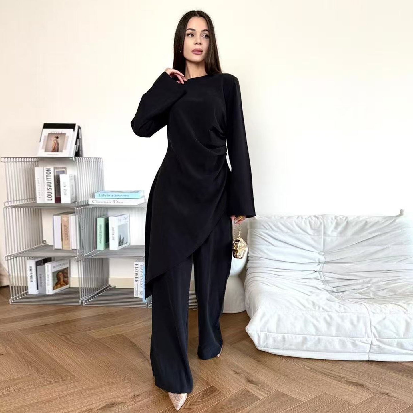Women's Solid Color Casual East Long Shirt Two-piece Pants