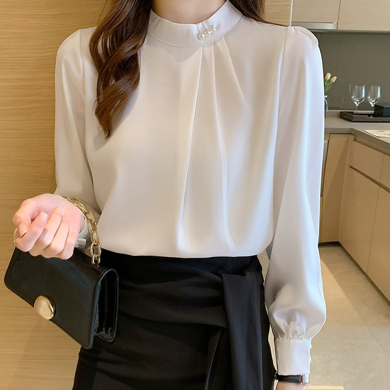 Satin Shirt Women Long Sleeve Beaded Solid Color Loose