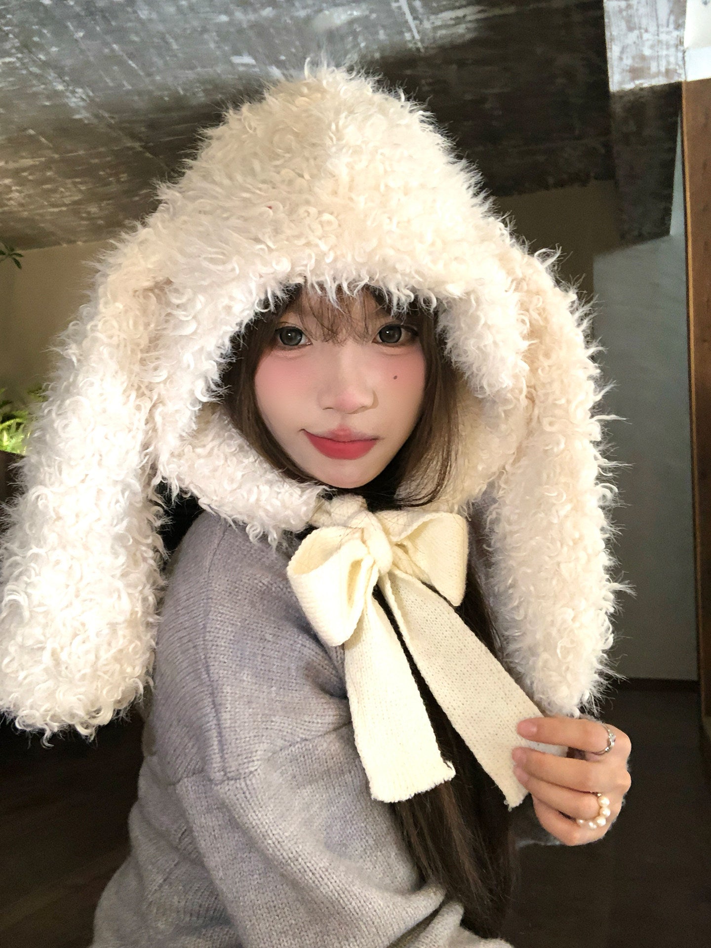 Korean-style Sweet And Cute White Plush Hat With Bunny Ears