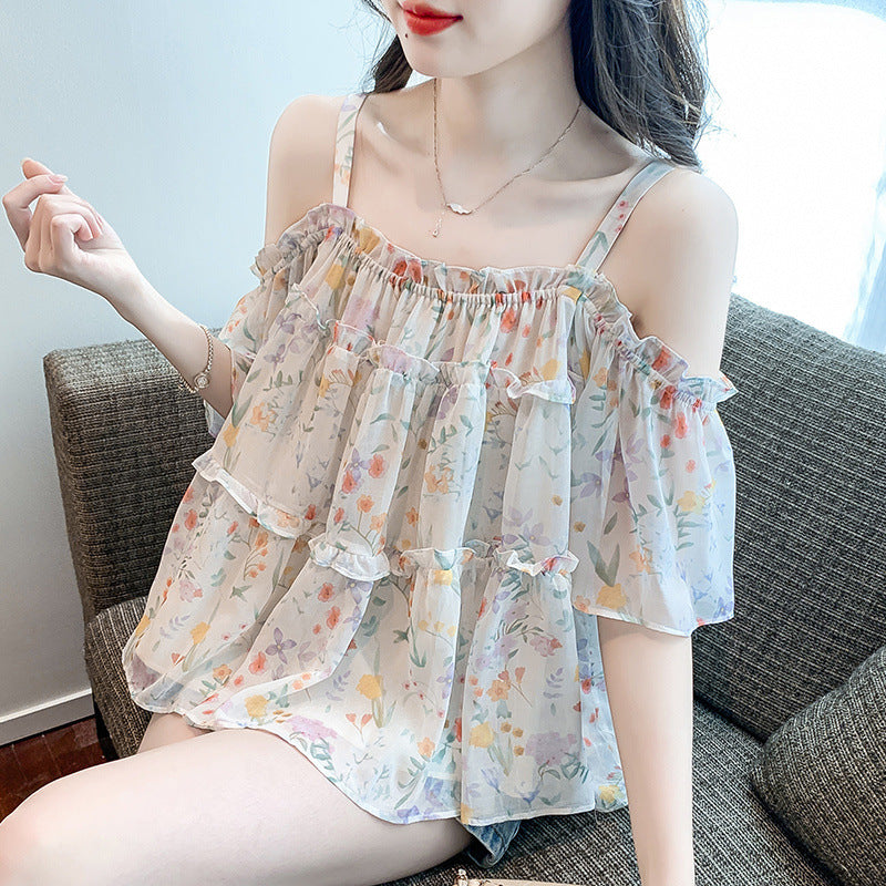 New Doll Shirt Off-shoulder Floral Outerwear One-shoulder Strappy Top