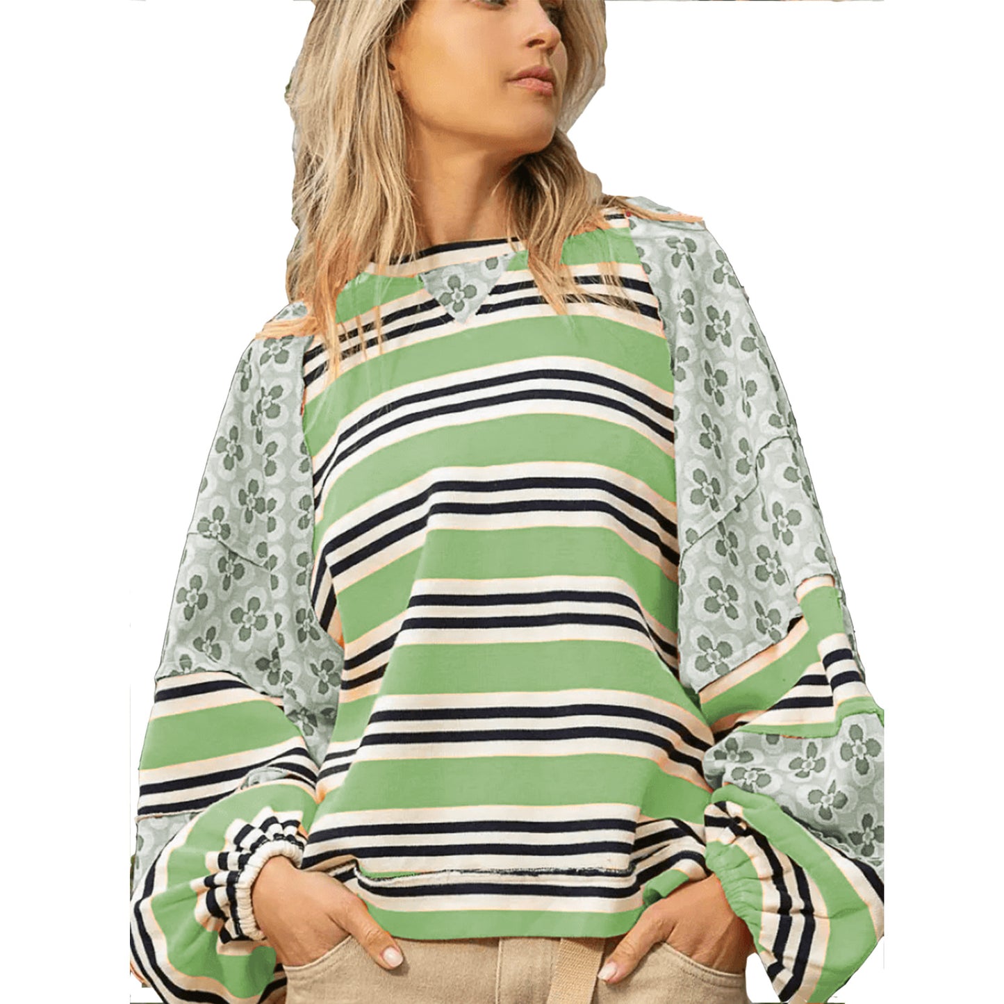 Women's Color Matching Printed Top Loose Long Sleeve