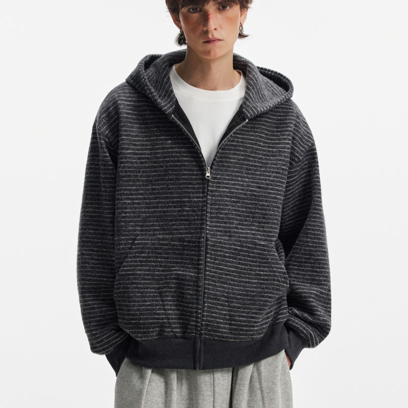 Hooded Heavyweight Lazy Style Striped Cardigan Coat