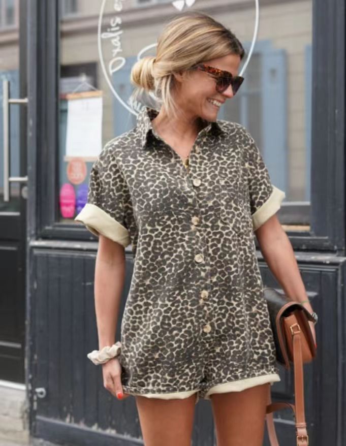 Women's Summer Printed Vacation Style Lapel Design One-piece Shorts