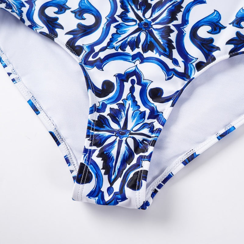 One-piece Blue And White Porcelain Printed Swimsuit Suit For Women