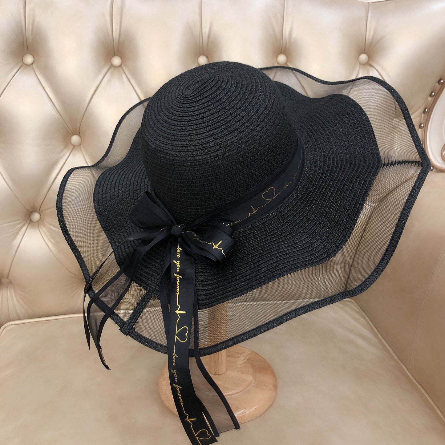 Women's Korean Version Letter Bow Streamer Romantic Mesh Sun Hat