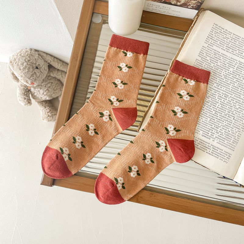 Women's Retro Autumn Simplicity All-match Flower Tube Socks Combed Cotton