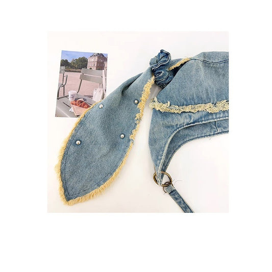 Water Washed Distressed Denim Bag And Hat Rabbit Ear Fringed Pullover Cap