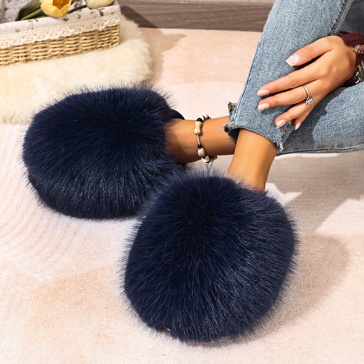 Kvinde Plus-size Ensfarvede Fluffy Store Pelsede Hjemmesko