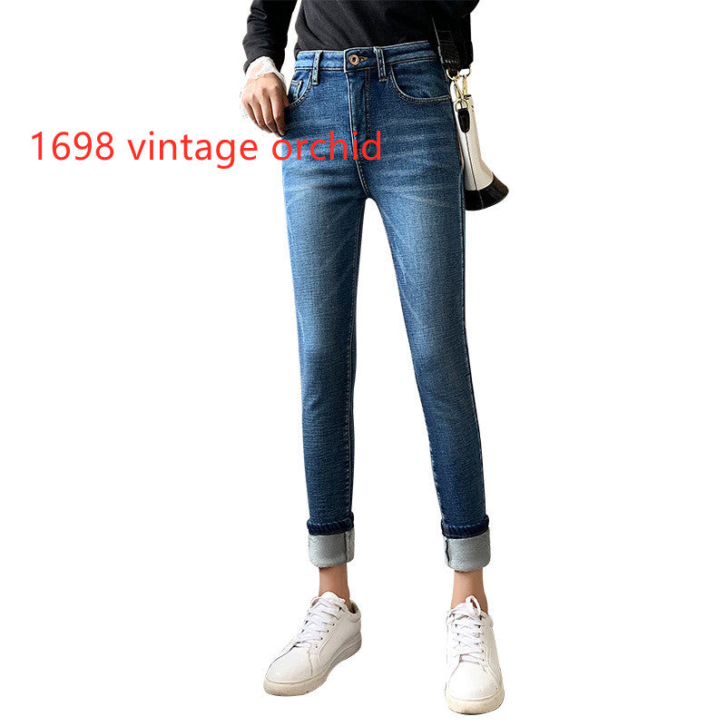 Women's Retro Blue Skinny Pants With Fleece Feet