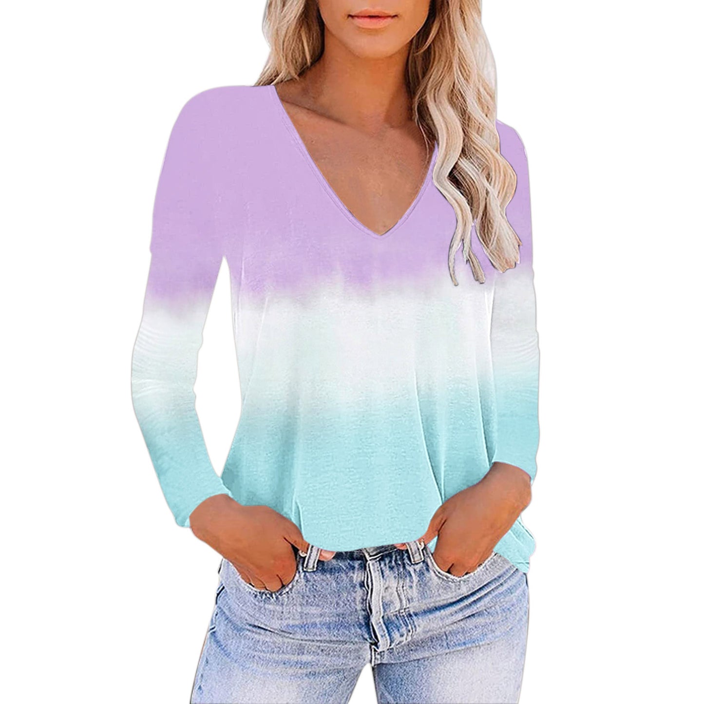 European And American Women's V-neck Gradient Print Loose T-shirt