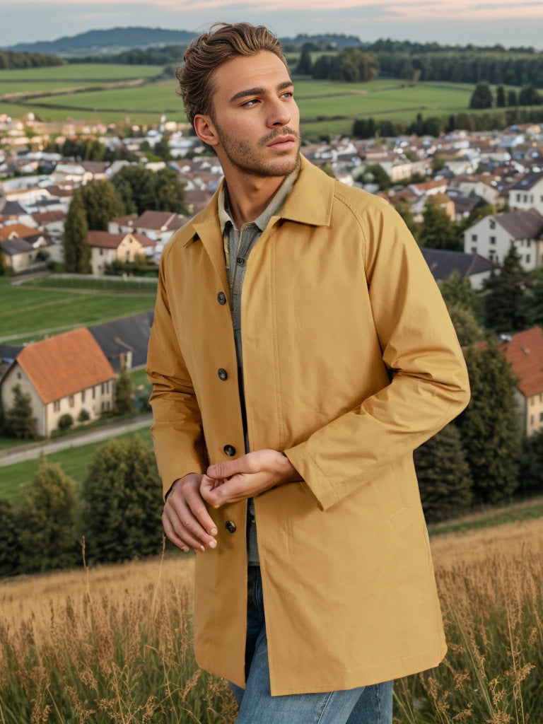 Langærmet trenchcoat til mænd, revers, slim fit, enkeltbrystet, afslappet jakke