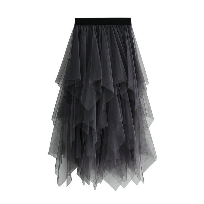Women's Solid-Color Versatile Asymmetrical Mesh Skirt